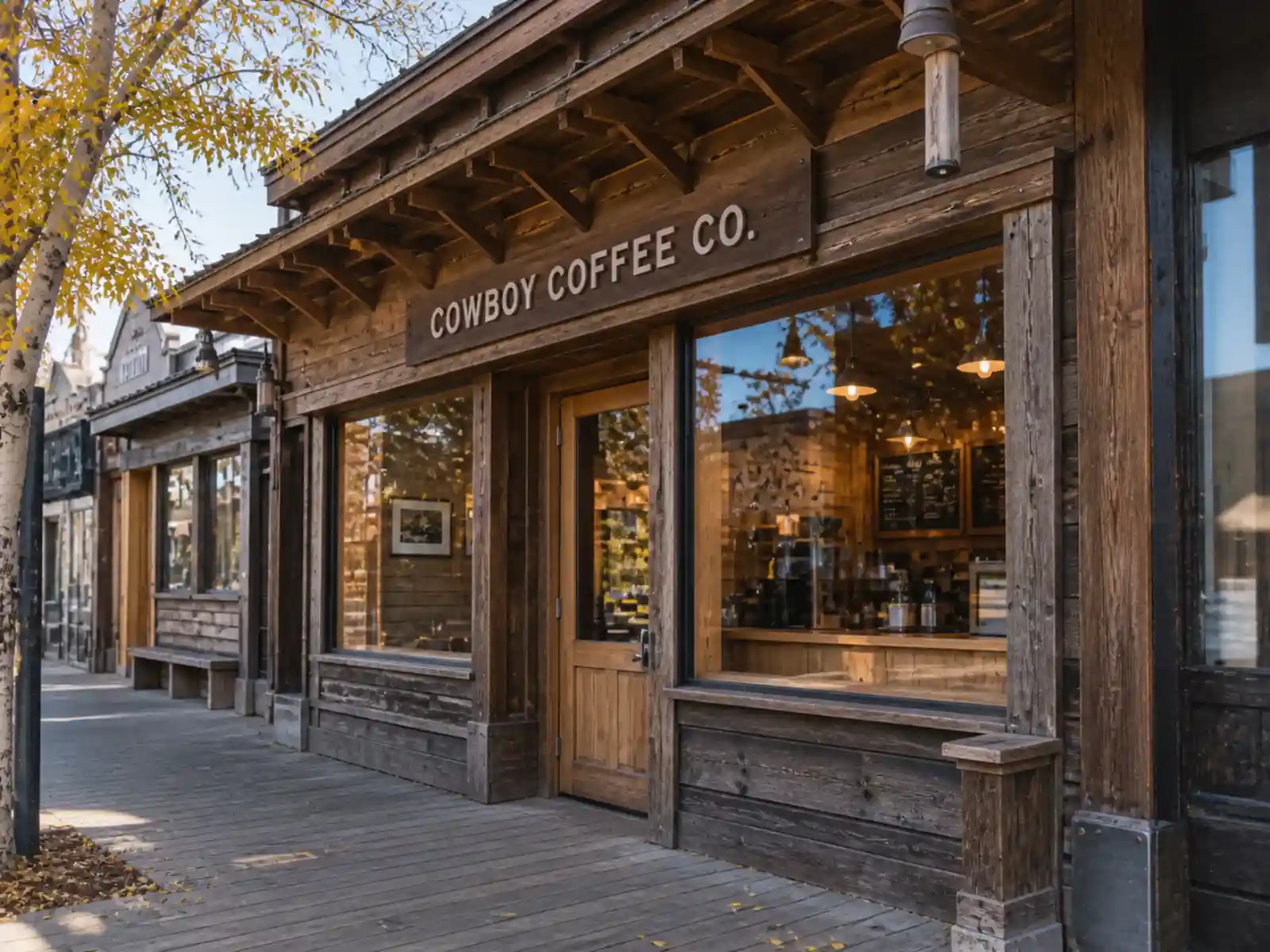 Cowboy Coffee Co.'s timber storefront on the boardwalk near Jackson's town square on a fall morning
