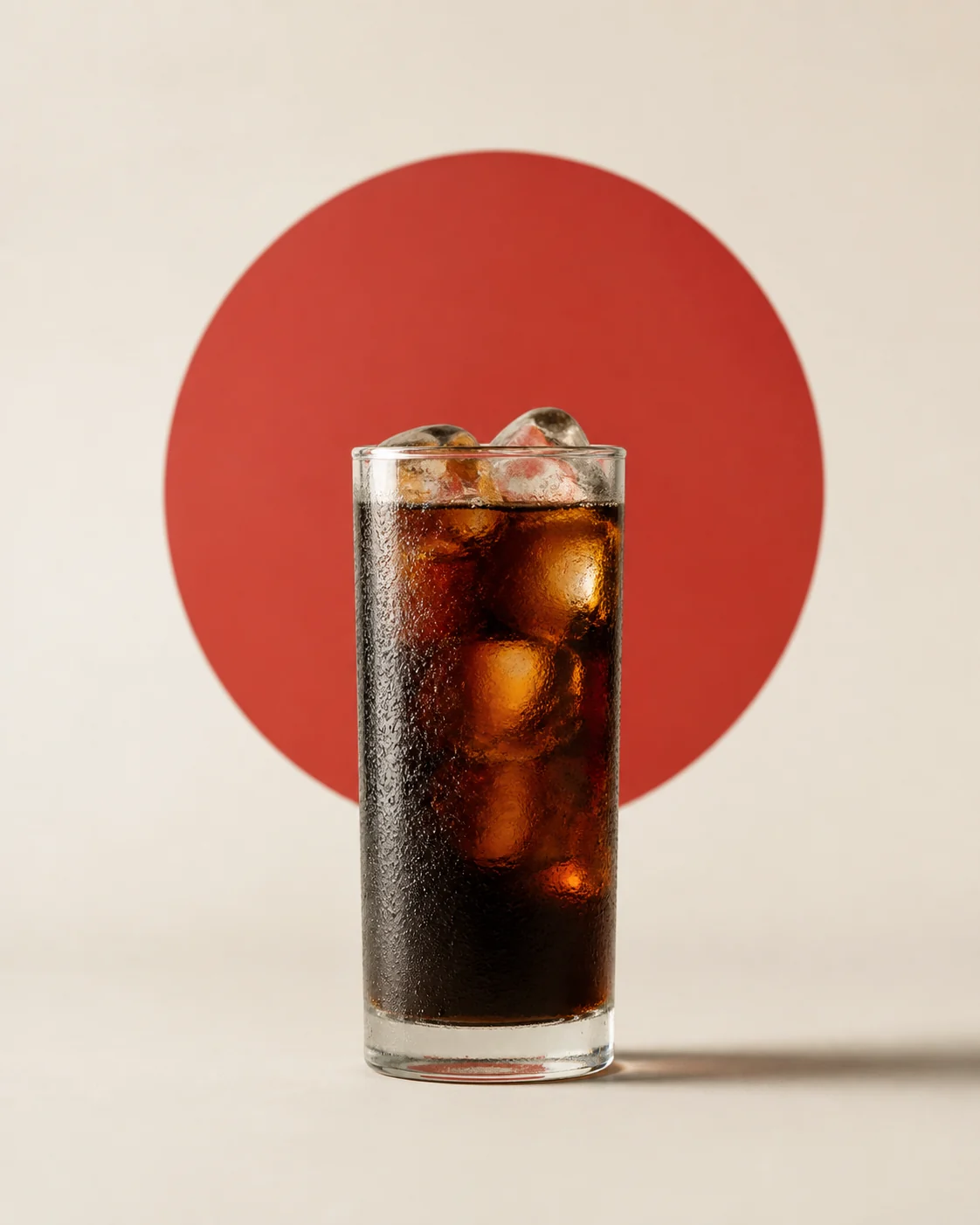 A condensation-covered glass of black cold brew over ice in front of a red rising-sun circle