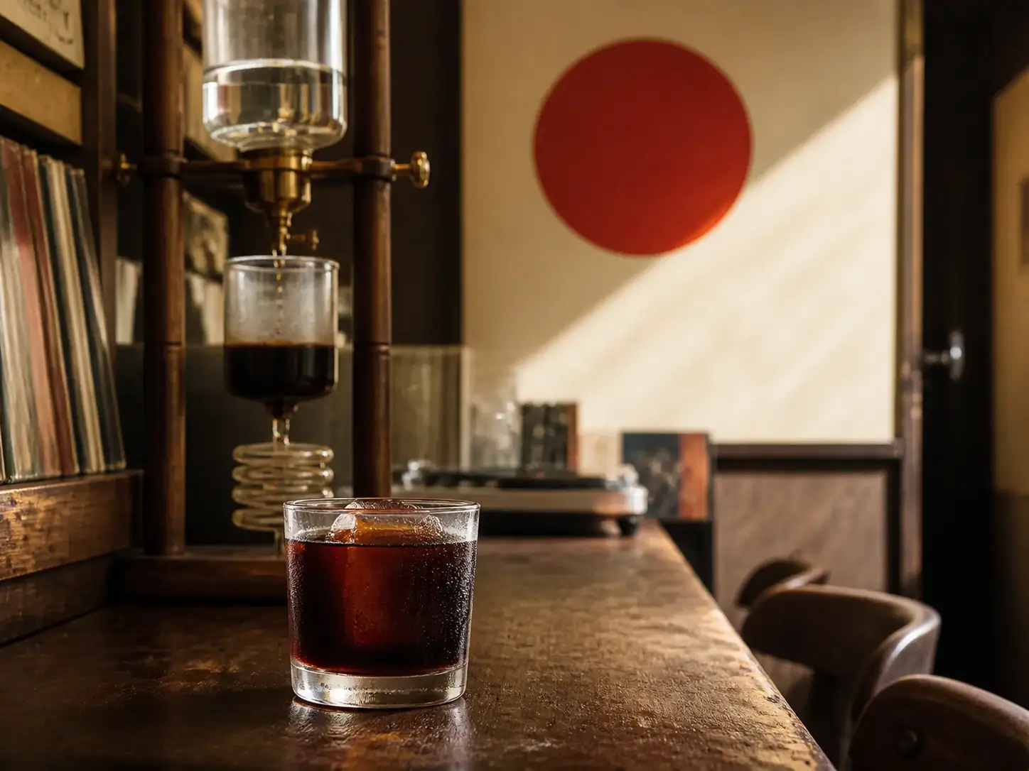 Mizudashi cold brew over one clear ice cube beside a slow-drip tower in a dark-wood Tokyo kissaten