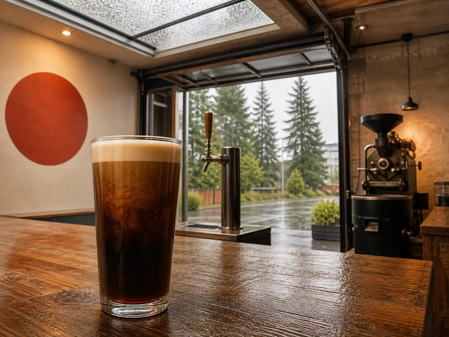 Nitro cold brew with a creamy head in a rainy Portland garage café with fir trees and an in-house roaster