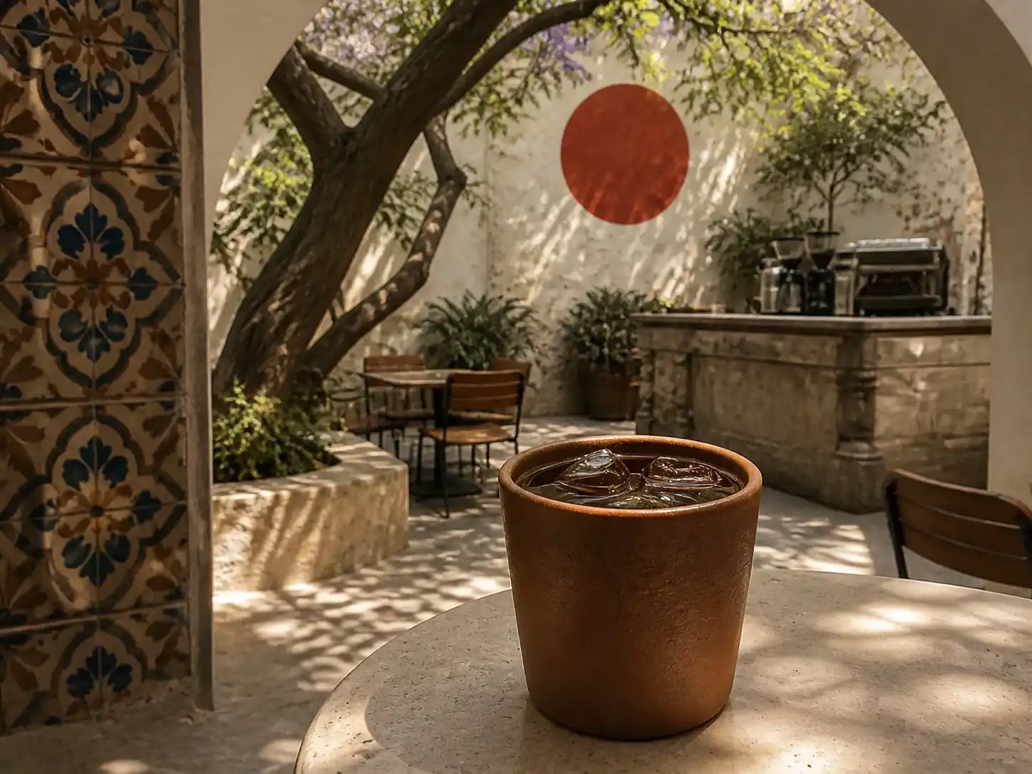 Cold brew in a hand-thrown clay cup beneath a tiled arch in a sun-dappled Mexico City courtyard café