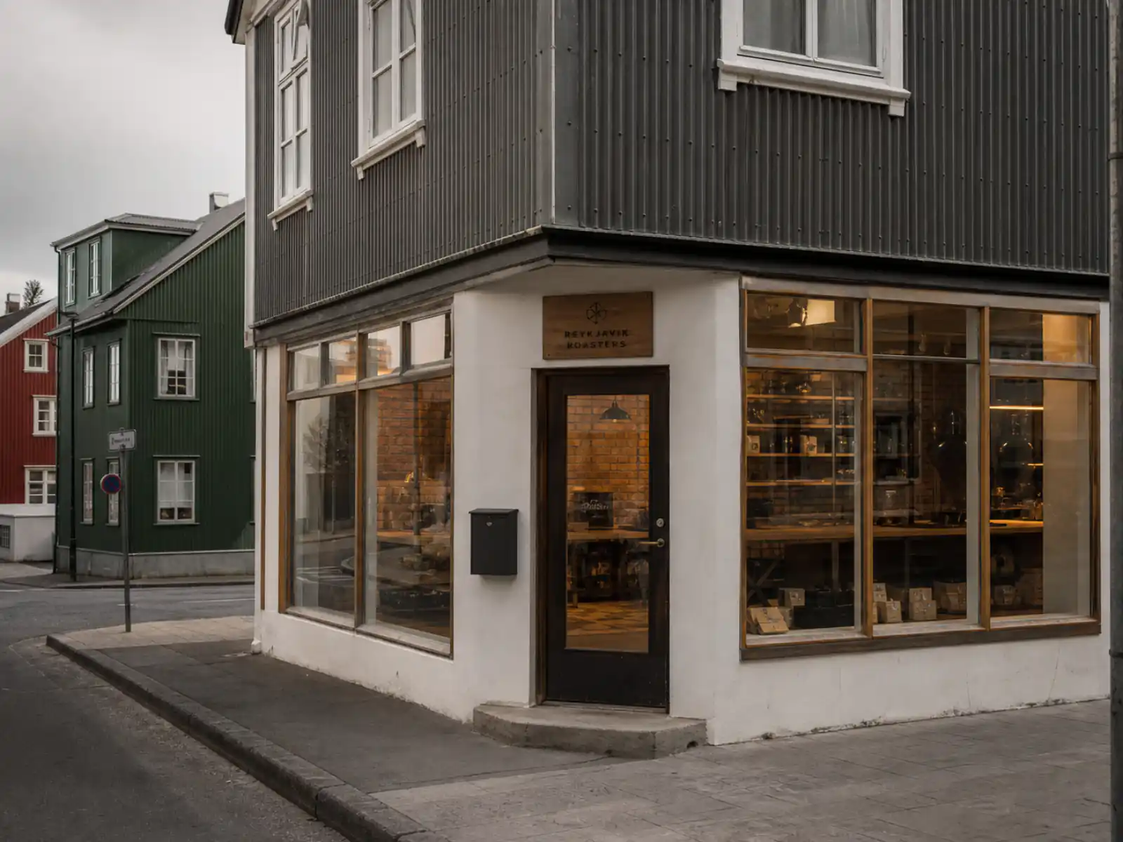 Reykjavík Roasters corner café with exposed brick and warm light on a cold Reykjavík street