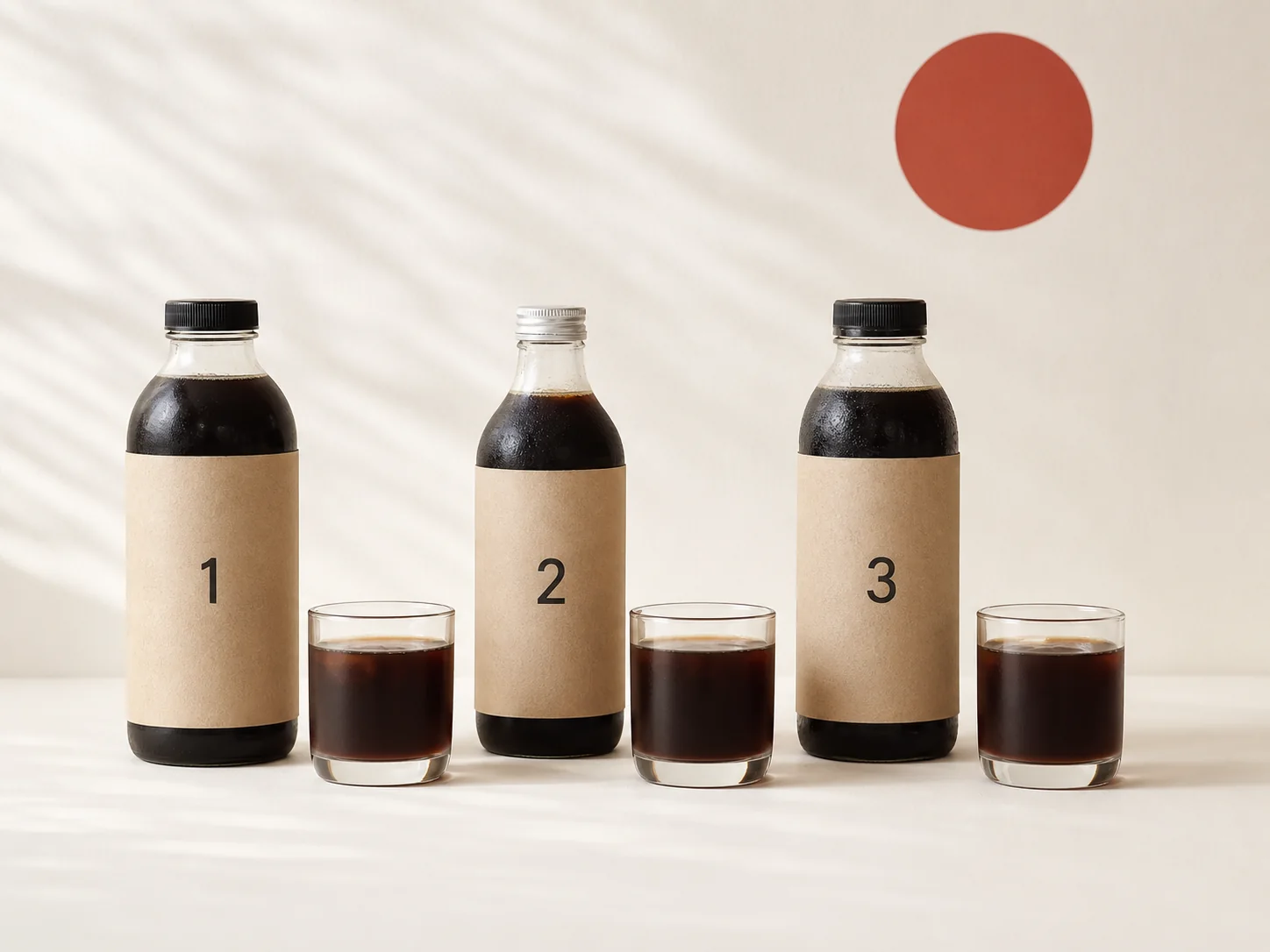 Three numbered cold brew bottles and tasting glasses arranged for a blind test